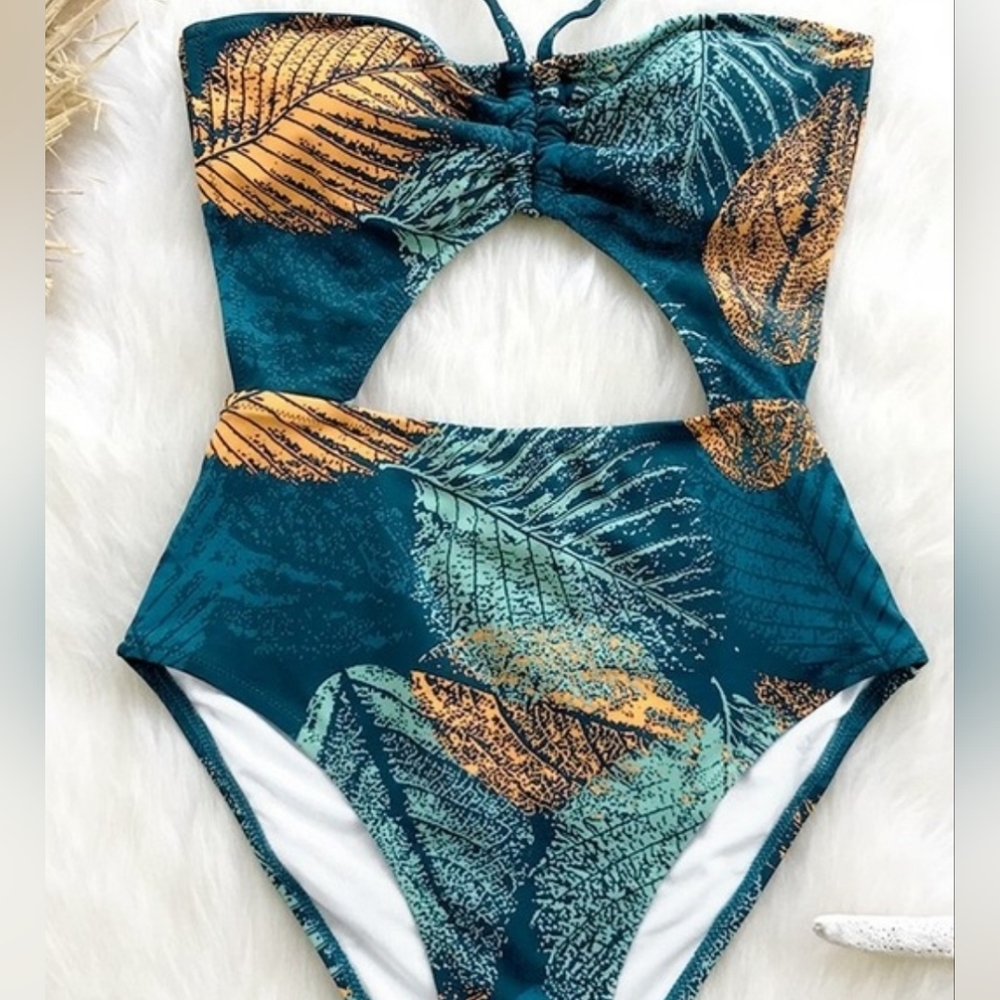 Cupshe Green and Golden Leaves one piece swimsuit